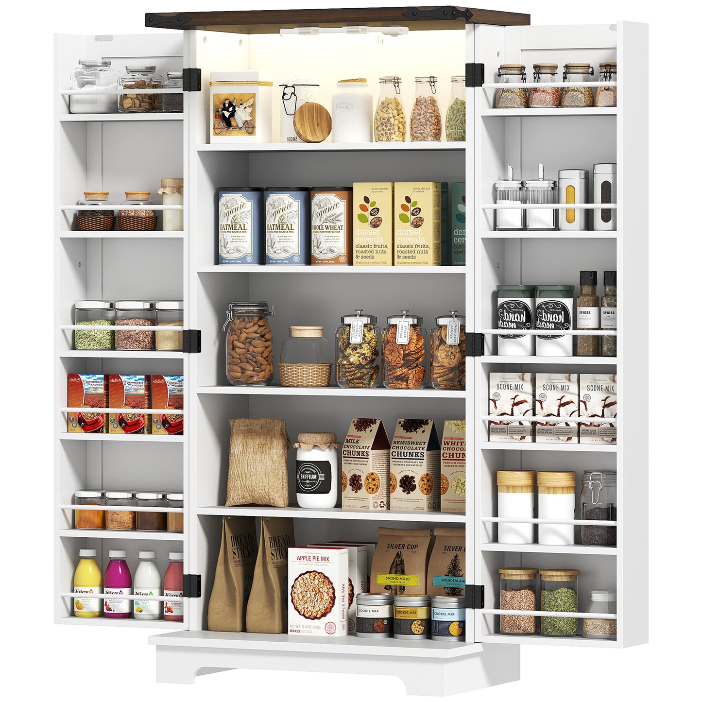 47" White Kitchen Pantry Cabinet with LED Light & Adjustable Shelves