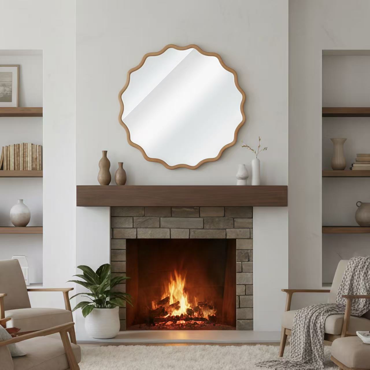 24-Inch Wavy Round Solid Wood Frame Decorative Mirror - Natural Wood