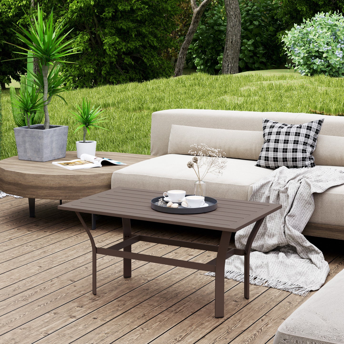 Outdoor Coffee Table - Slatted Design, All-Weather Metal, 36" x 21.7"