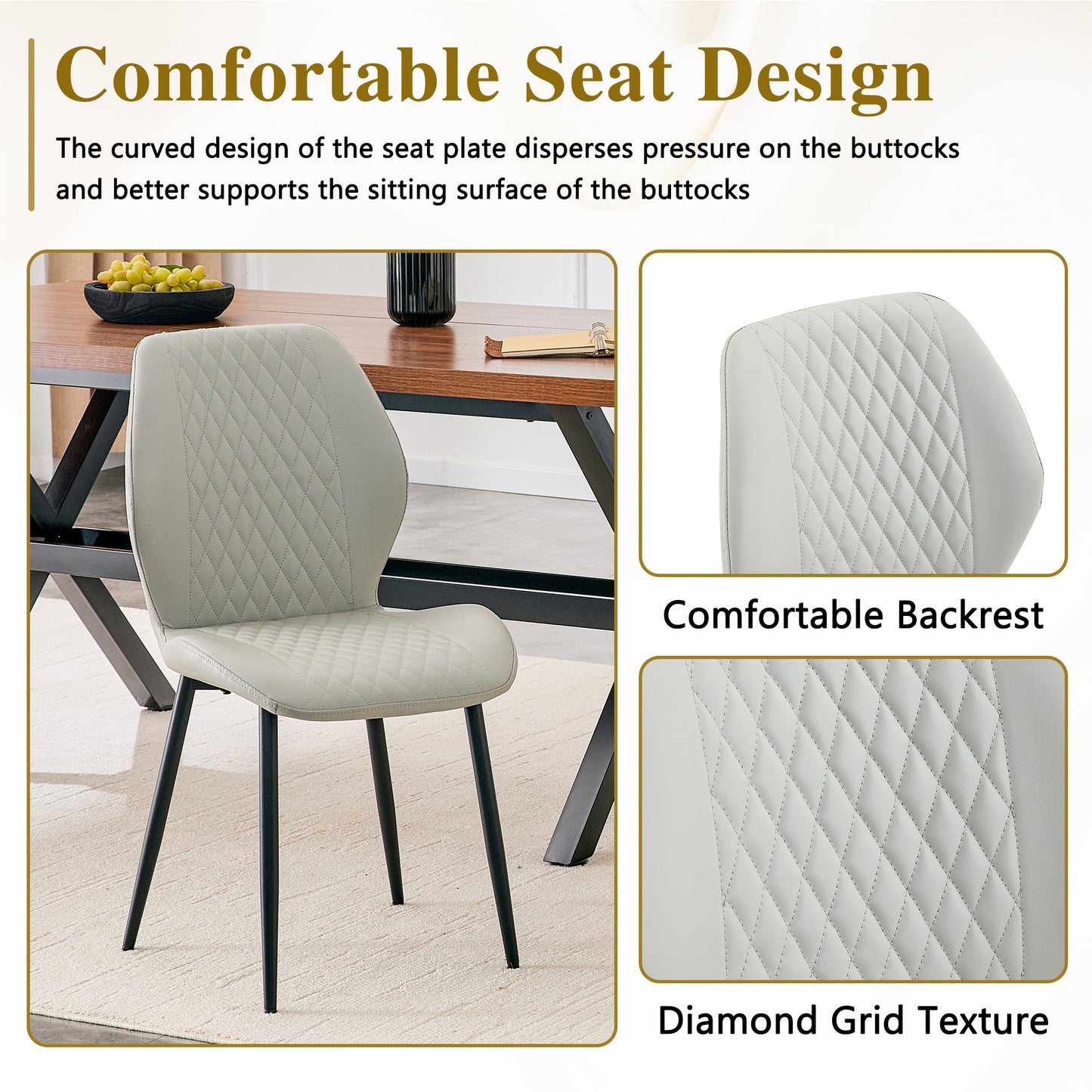 Set Of 4 Modern Light Luxury Gray Diamond-quilted PU Chairs With