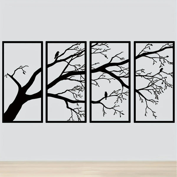 Minimalist Aluminum Dead Branch & Bird Wall Art - 4-Piece Set