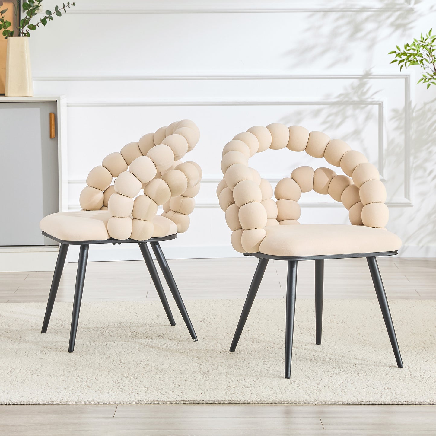 Set of 2 Beige Velvet Bubble Dining Chairs - Modern Accent Chairs