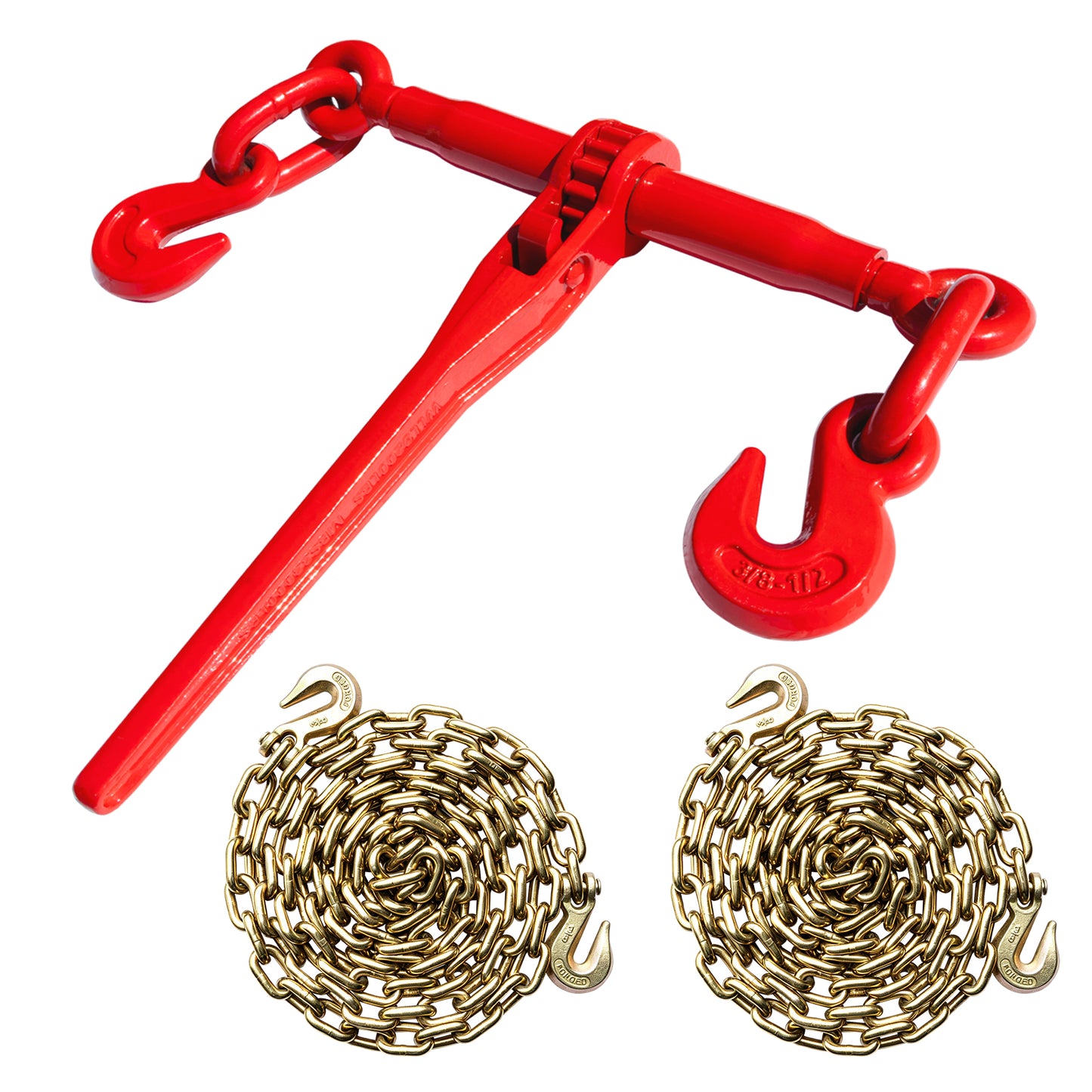 Heavy Duty Tow Chain Bridle with Hooks - 14FT Alloy Steel Recovery Chain - Red or Yellow