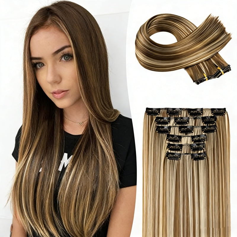 Clip-In Synthetic Hairpiece - Cool Brown with Blonde Highlights, HH008
