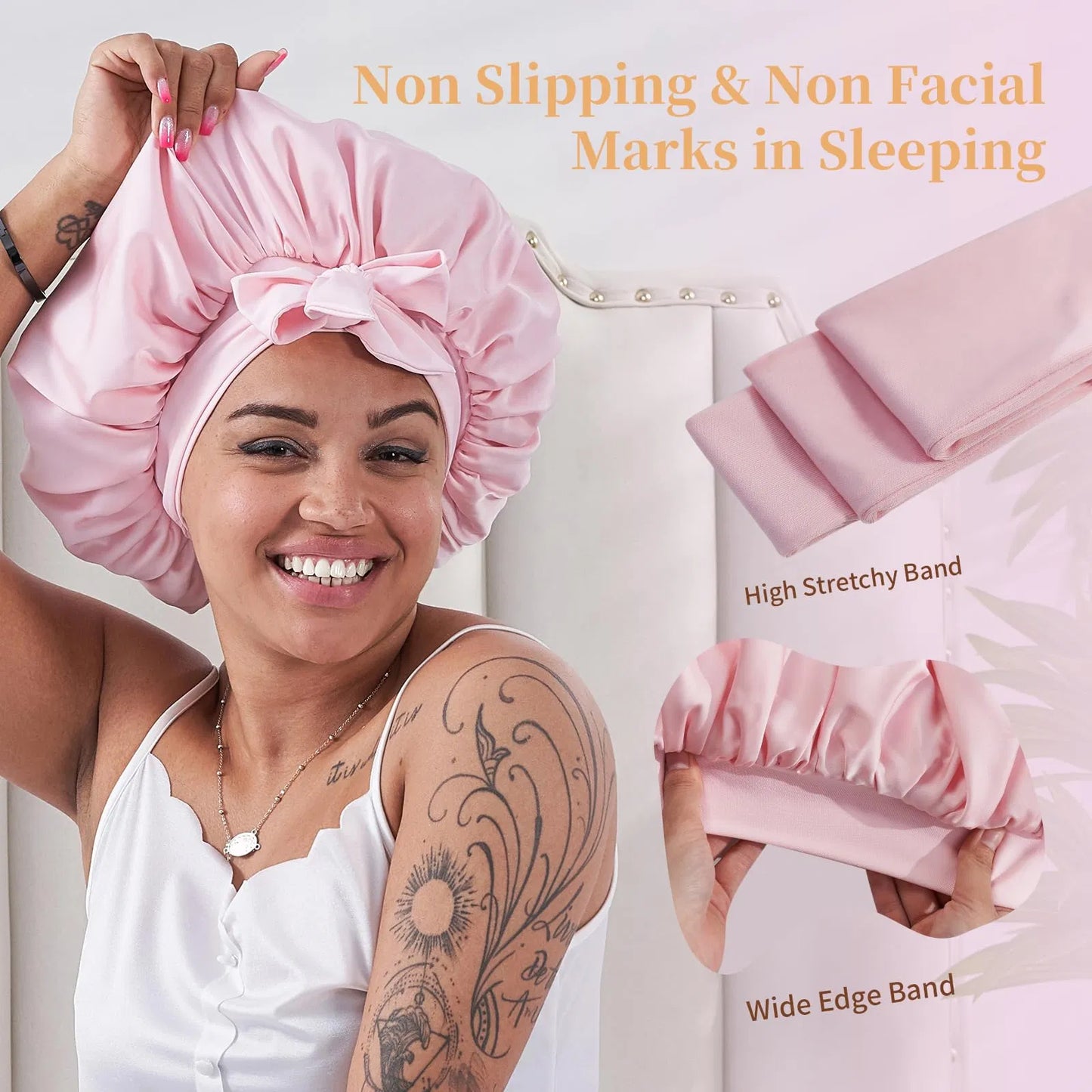 Satin Hair Bonnet for Sleeping - Adjustable Double-Layer Silk Cap - Pink