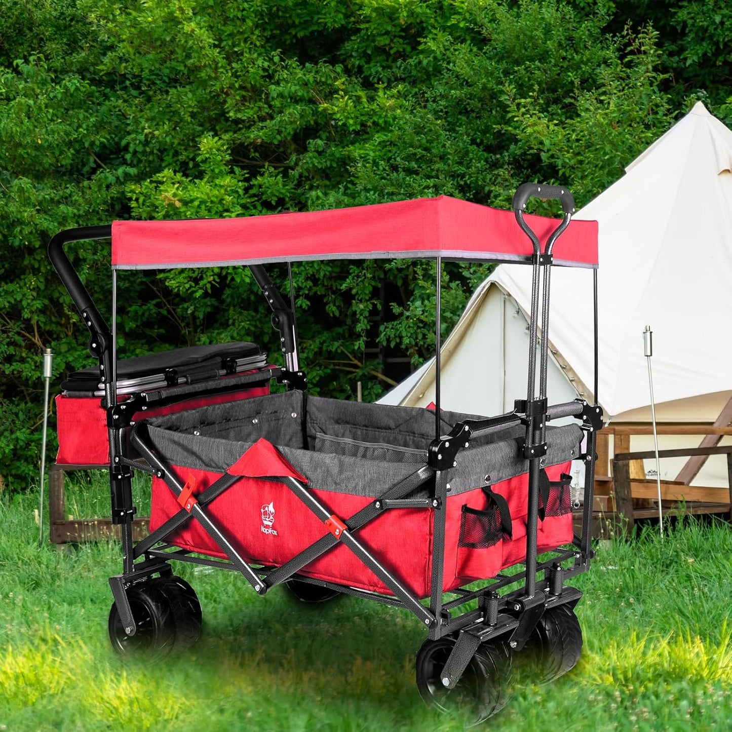 Collapsible Folding Wagon with Canopy & Cooler Bag - Red & Gray