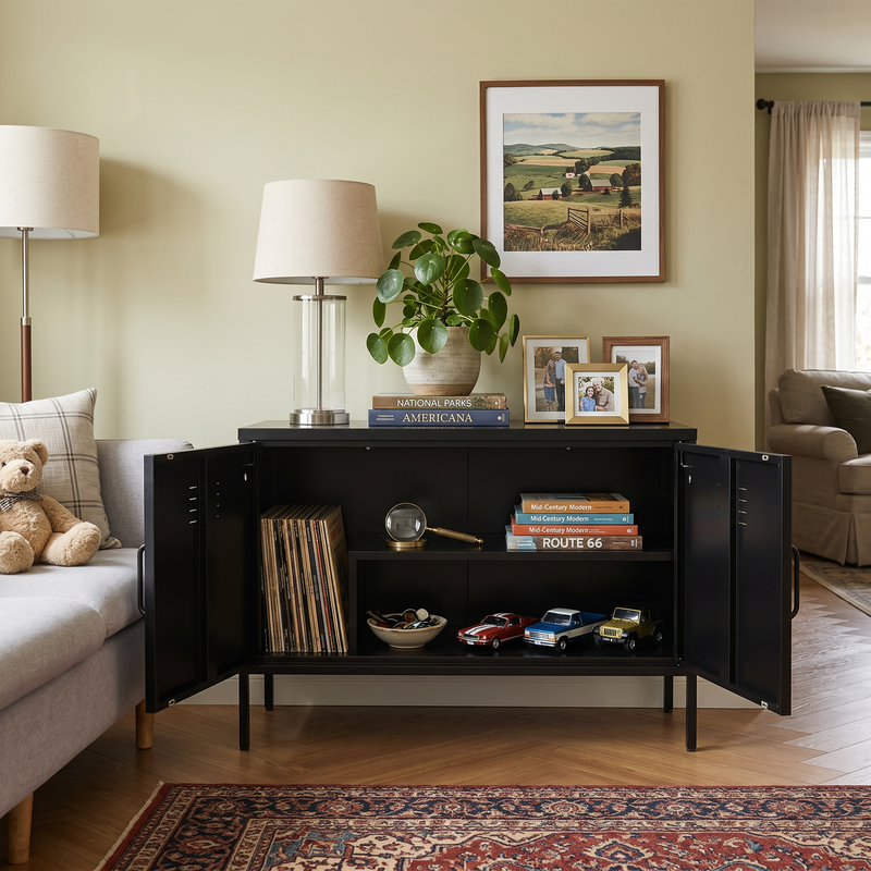 Black 2-Door Metal Storage Cabinet with Adjustable Legs
