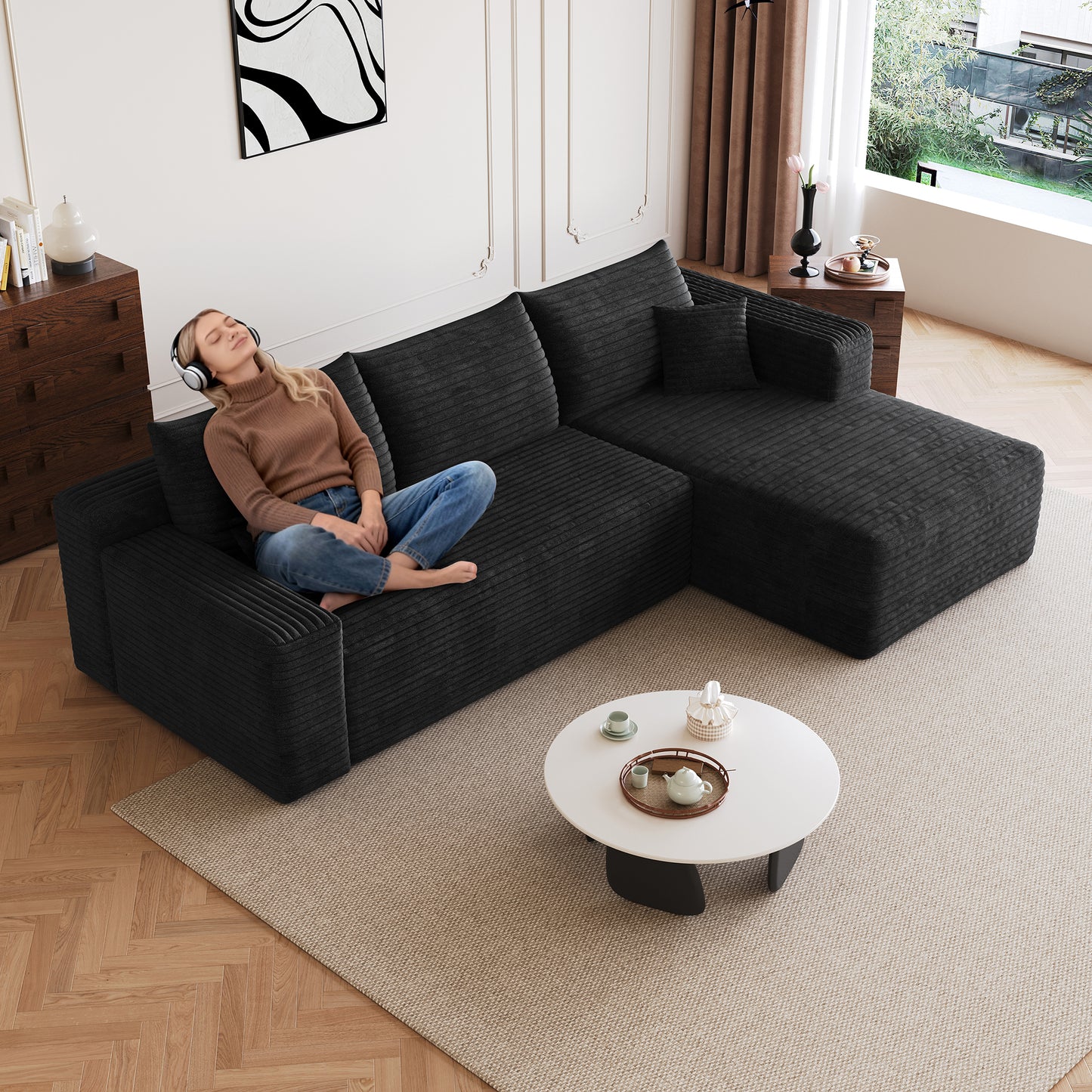 95" Cloud Sectional Sofa - Modern U Shaped Couch in Black Fabric