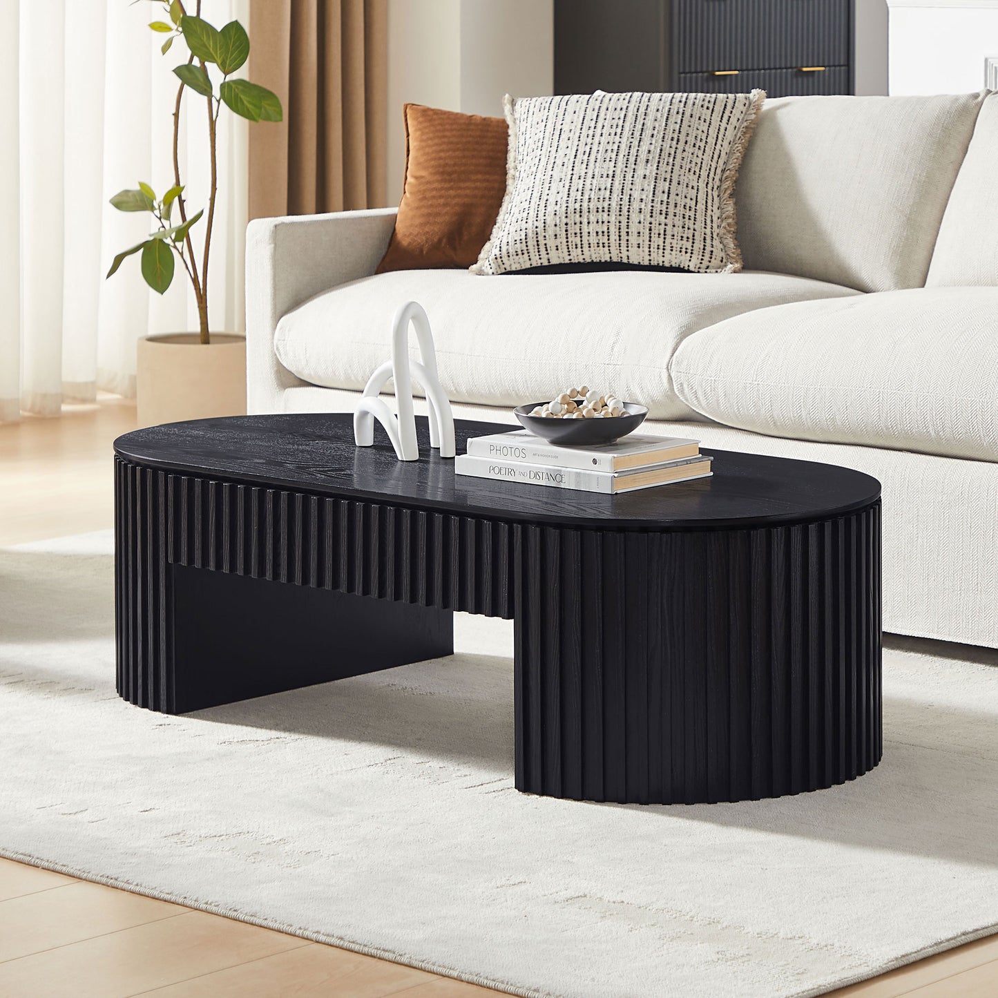 Oval Wood Coffee Table with Drawer - Mid Century Modern - Black
