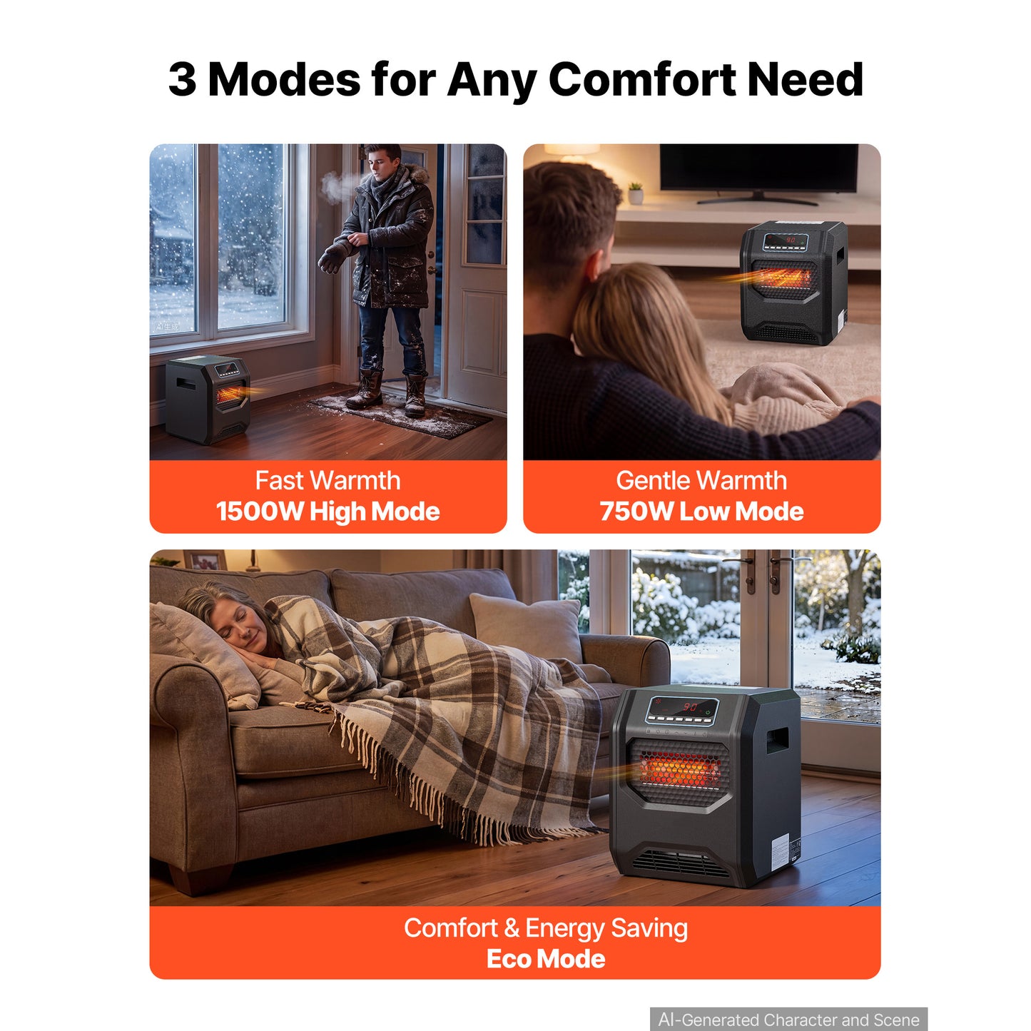 1500W Infrared Space Heater with Remote Control for Indoor Use - Black