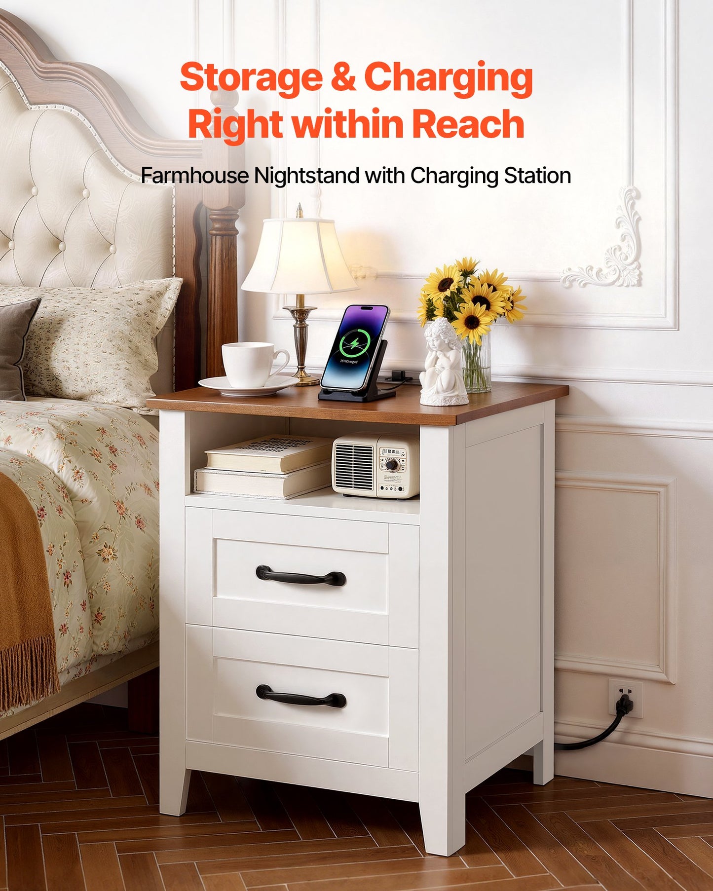 Farmhouse Nightstand with Charging Station - Rustic End Table with USB & Outlets, White