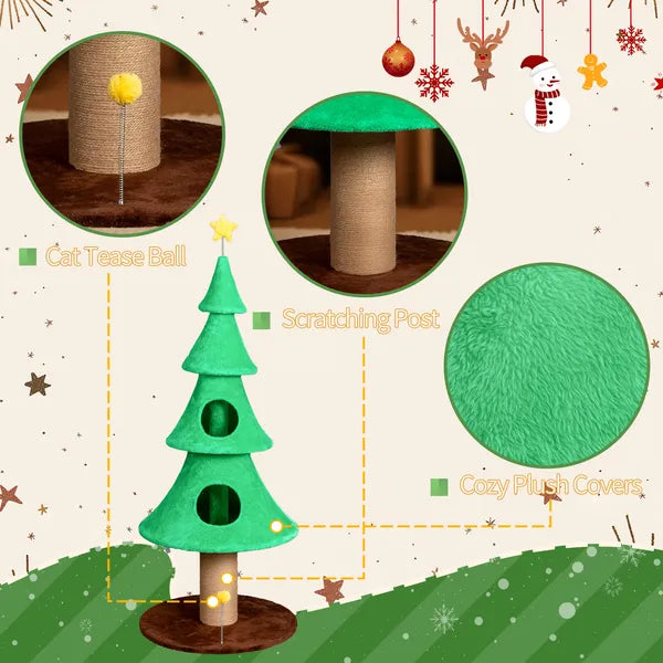 Large 59in Christmas Tree Cat Tower with Condos & Scratching Post, Fleece Cover, Teaser Toy