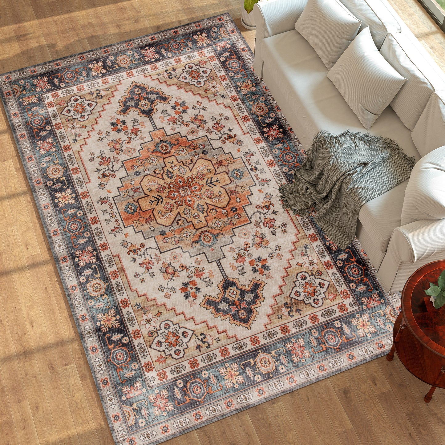 Boho Print Area Rug 5x7 - Machine Washable Non-Slip Carpet - Tawny Brown