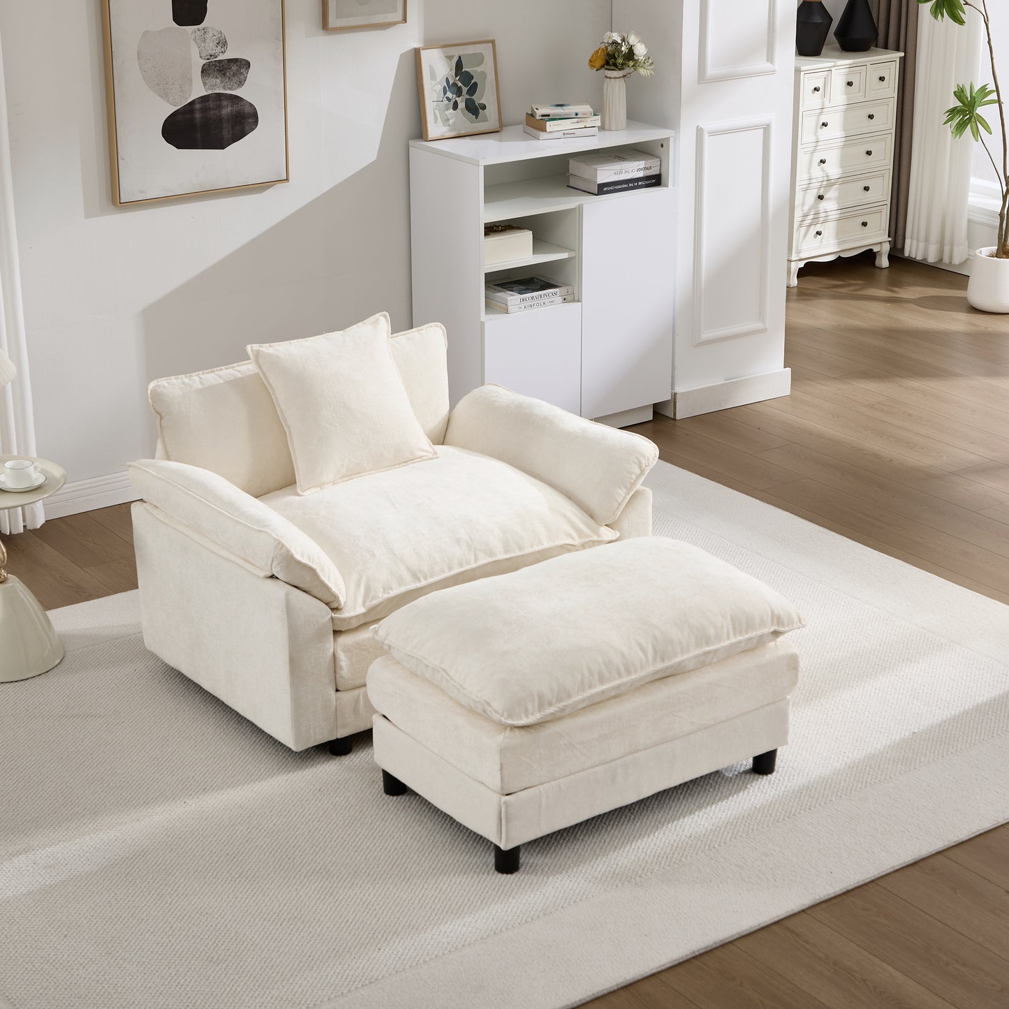 Modern Chenille Accent Chair with Ottoman - Beige Upholstered Armchair