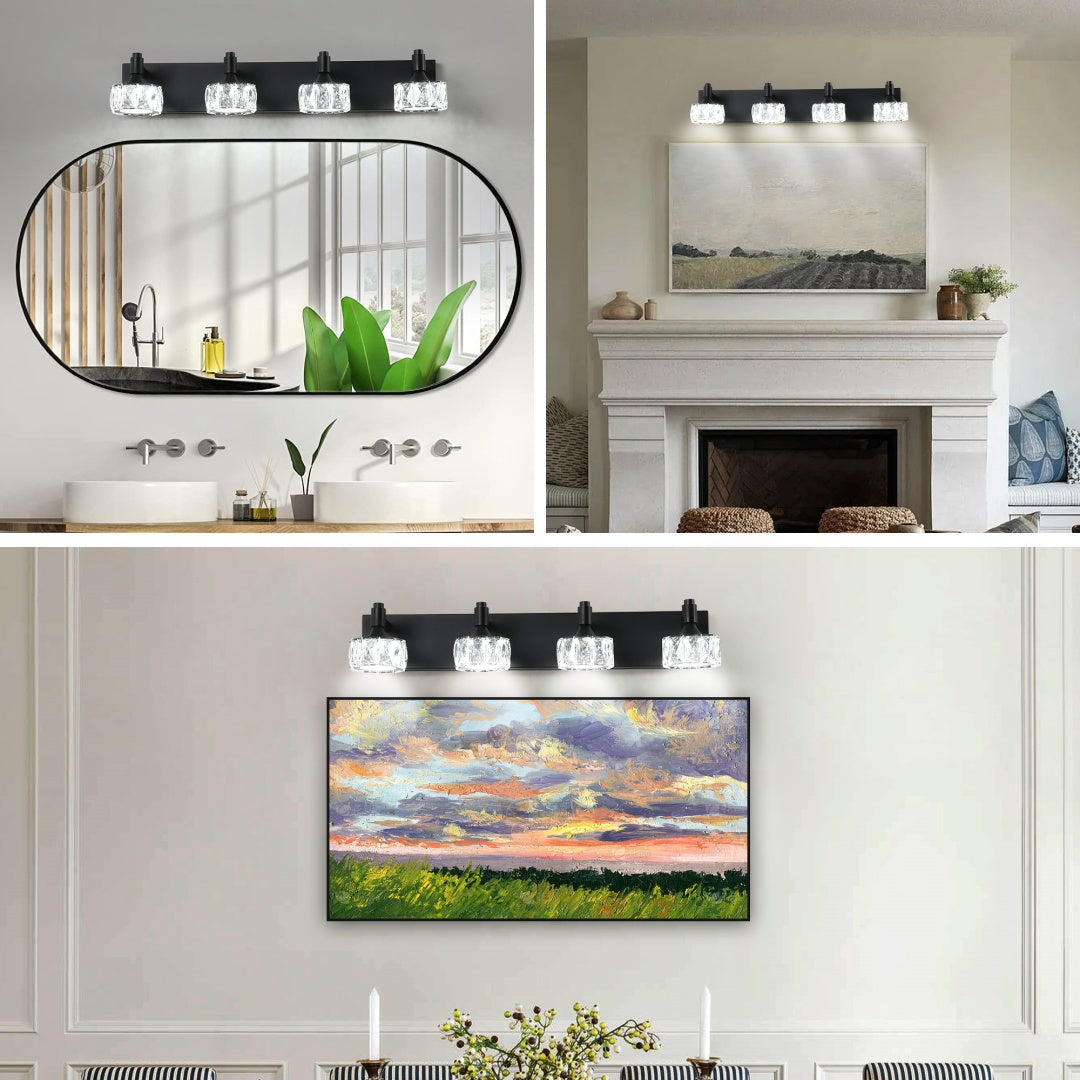 4-Light Matte Black LED Vanity Light Fixture with Crystal Shades