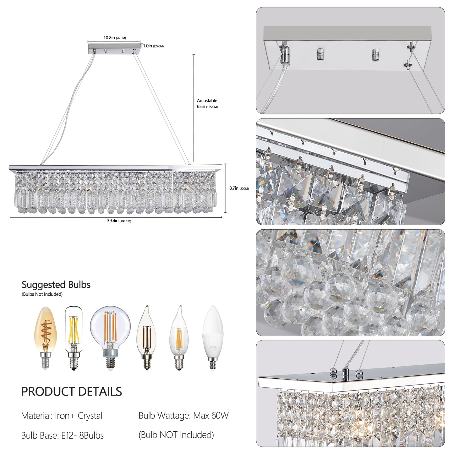 Modern Crystal Chandelier for Dining Room 8-Lights Rectangular Pendant Light Fixture