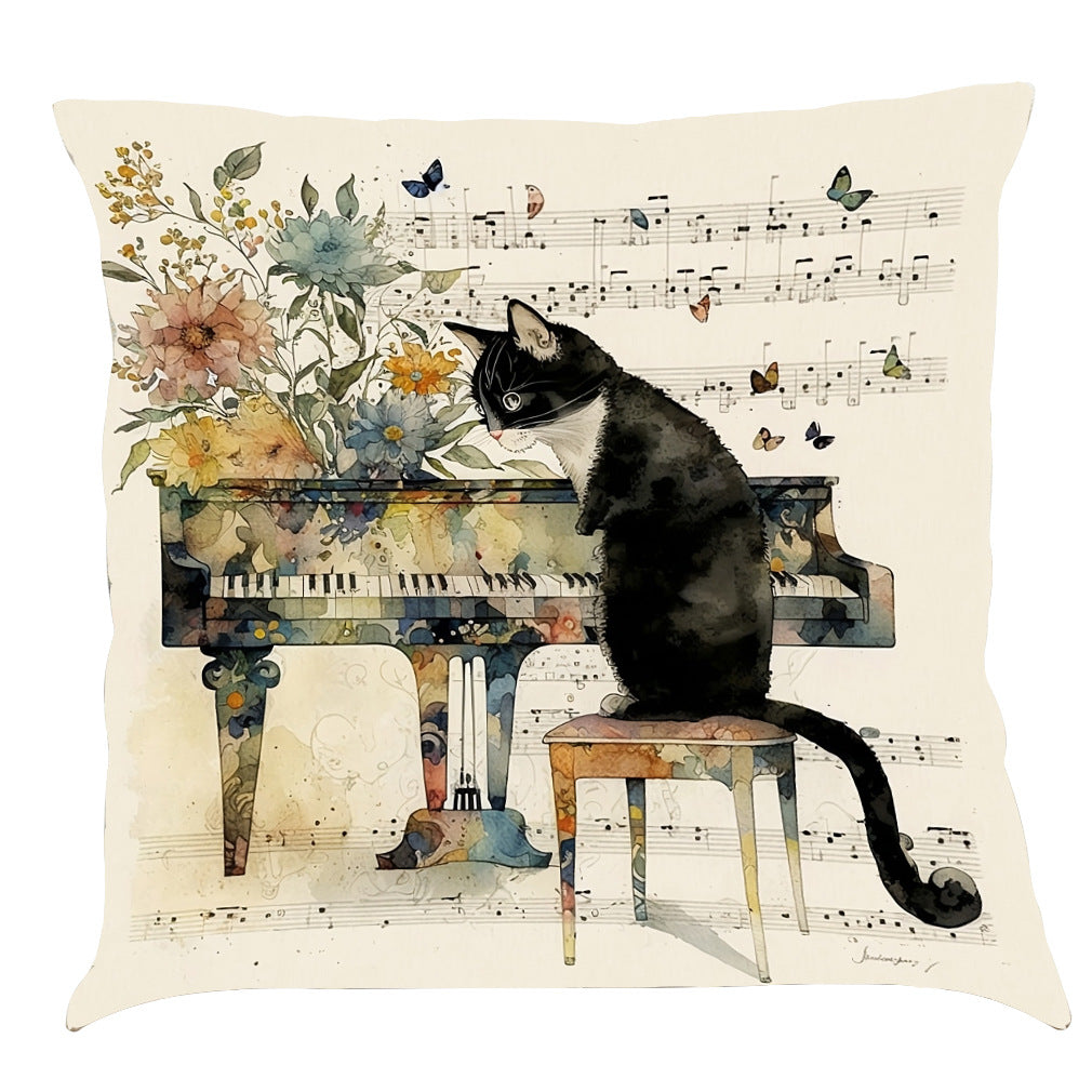 Musical Cats Printed Cotton Linen Pillowcase - Home Decor & Bedding