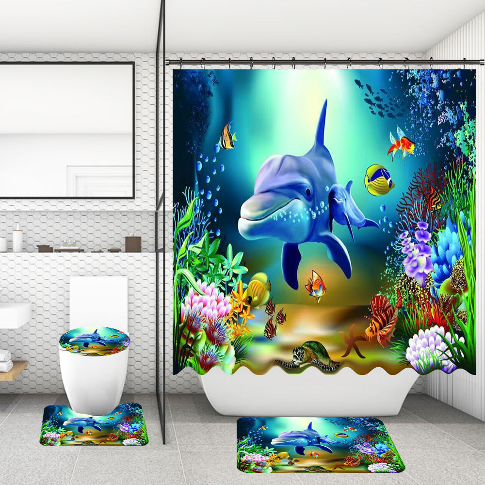 Bathroom Shower Curtain and Floor Mat Set Ocean World Printing - 4 Piece