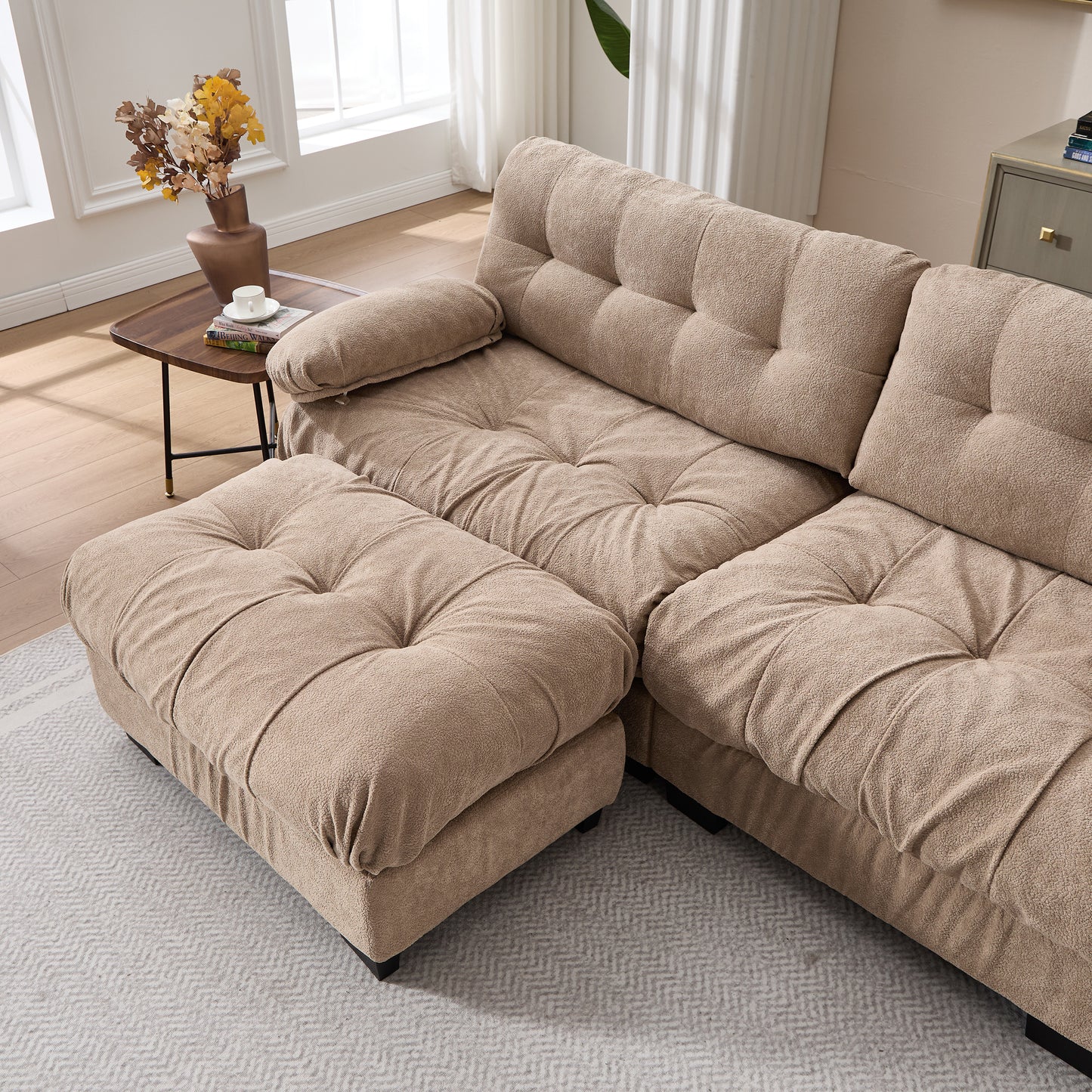 Modular Sectional Sofa with Movable Ottoman - Light Brown