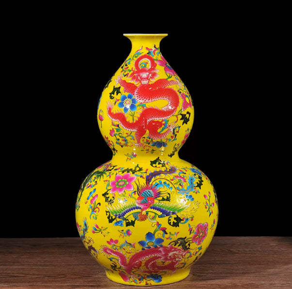 Porcelain Gourd-Shaped Decorative Vase with Dragon and Phoenix Design - Multiple Styles