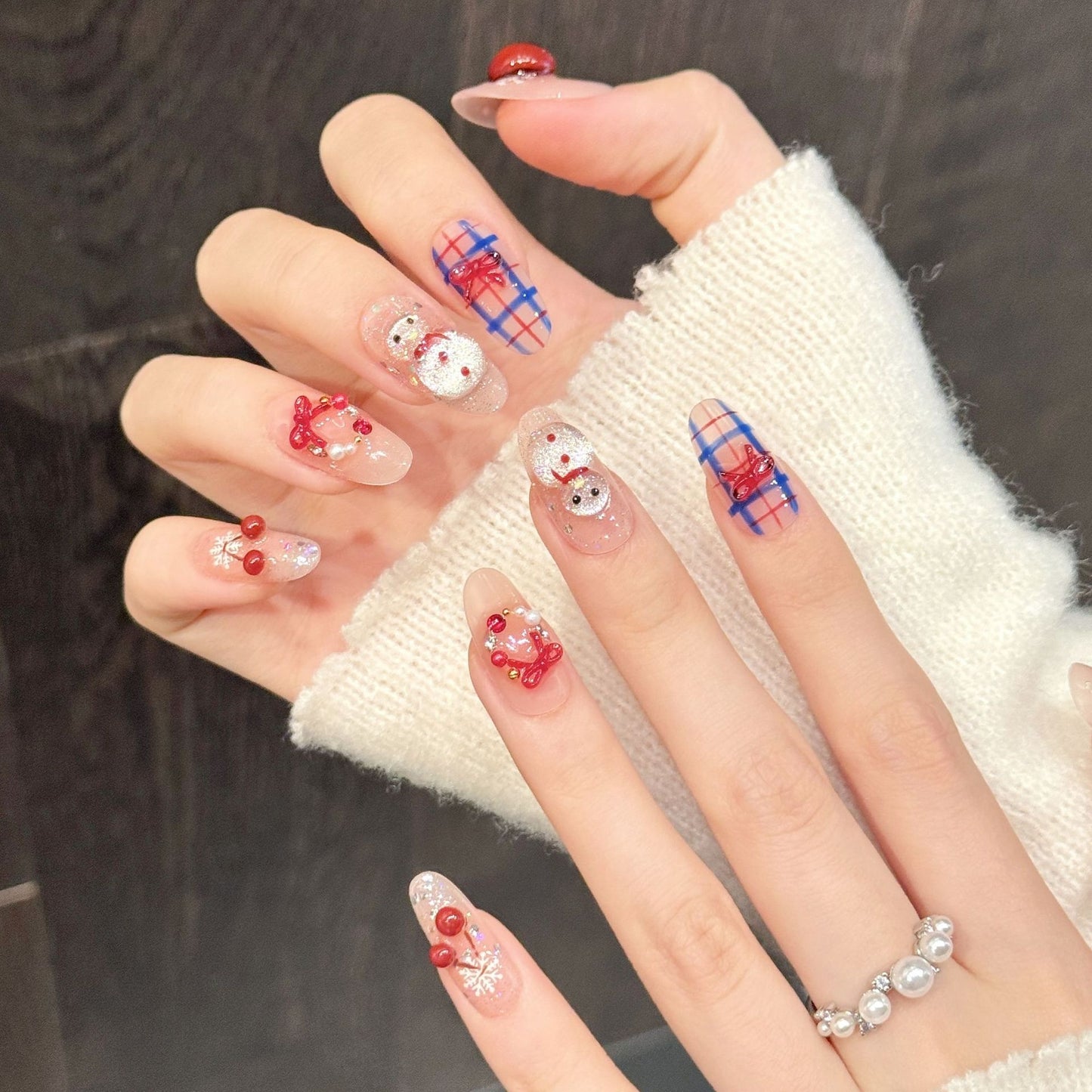 Cherry Snowman Wearable Nail Stickers with Plaid Bow Design - Short Style