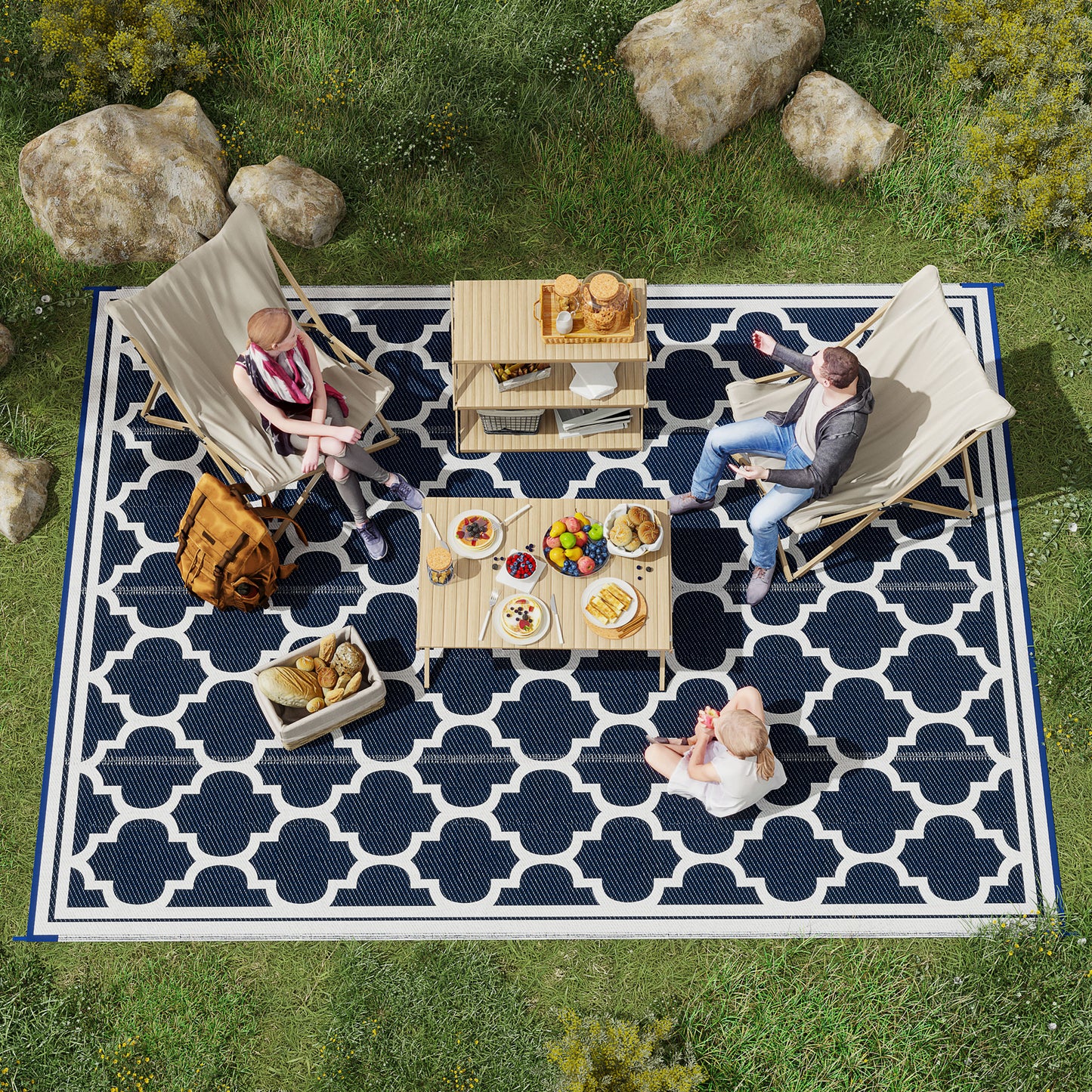Reversible Waterproof Outdoor Rug - 9x12 Blue & White Mat for Camping, Picnic, Beach