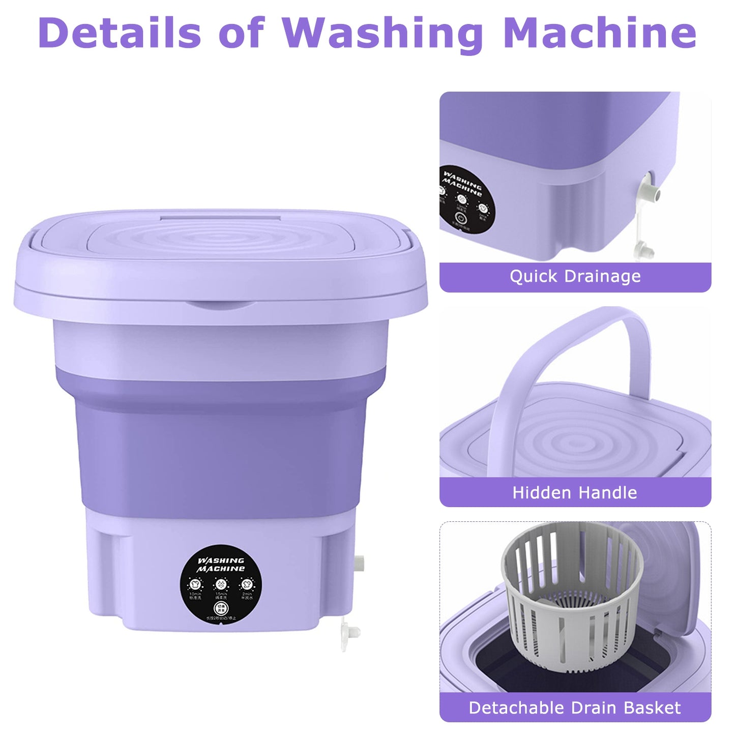Portable Foldable Washing Machine with 3 Modes and Large 8L Capacity for Travel and Small Spaces
