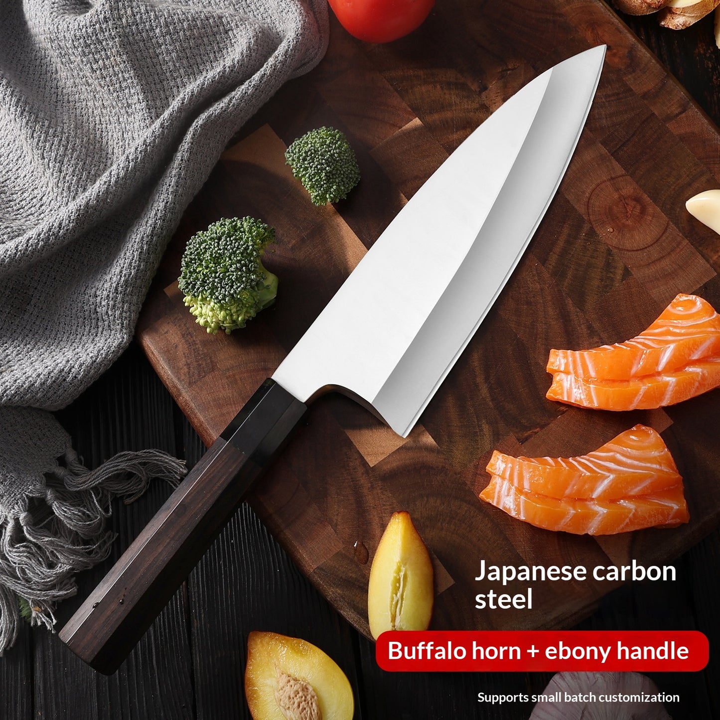 Japanese Sashimi Fish-Head Chef Knife - High Carbon Stainless Steel, Black, Round & Octagonal Handle Options