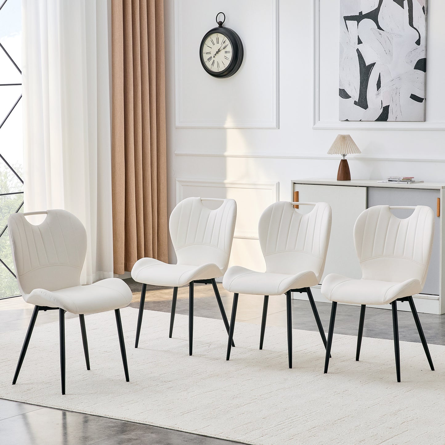 Set Of 4 White PU Dining Chairs With Integrated Handle. Black Metal