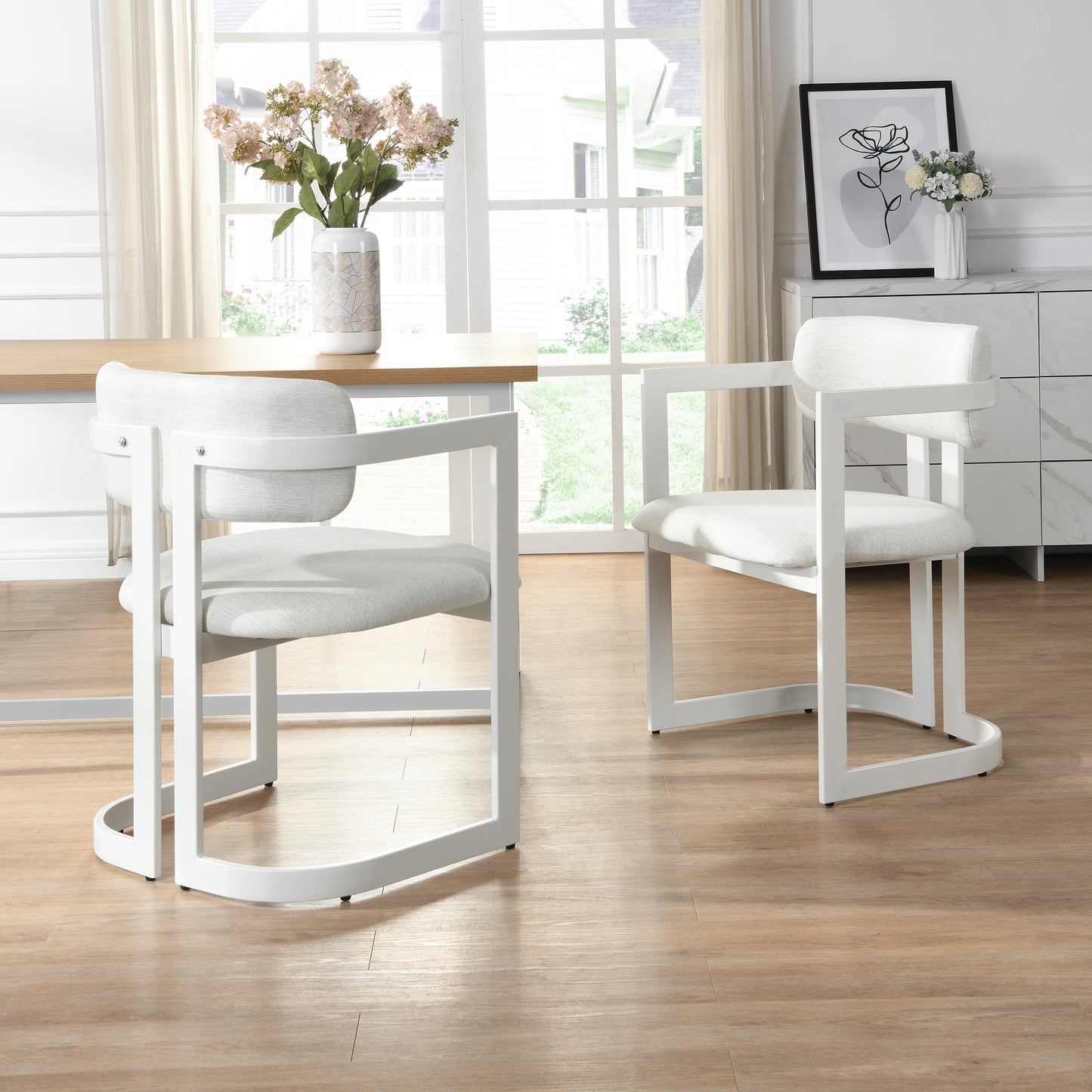 Upholstered Dining Chairs Set of 2 - Beige Fabric & White Metal Frame