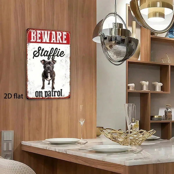 Vintage Metal Sign - Beware Staffie On Patrol - 8x12 Inch