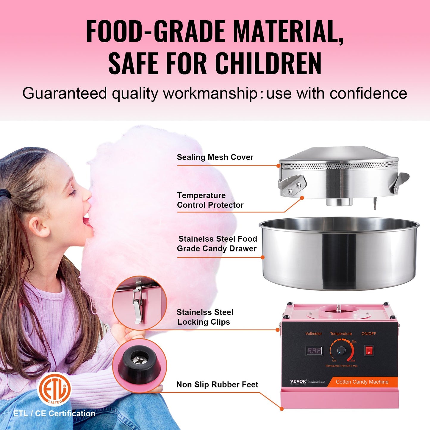 Pink Commercial Cotton Candy Machine 1000W Electric Candy Floss Maker for Home & Events