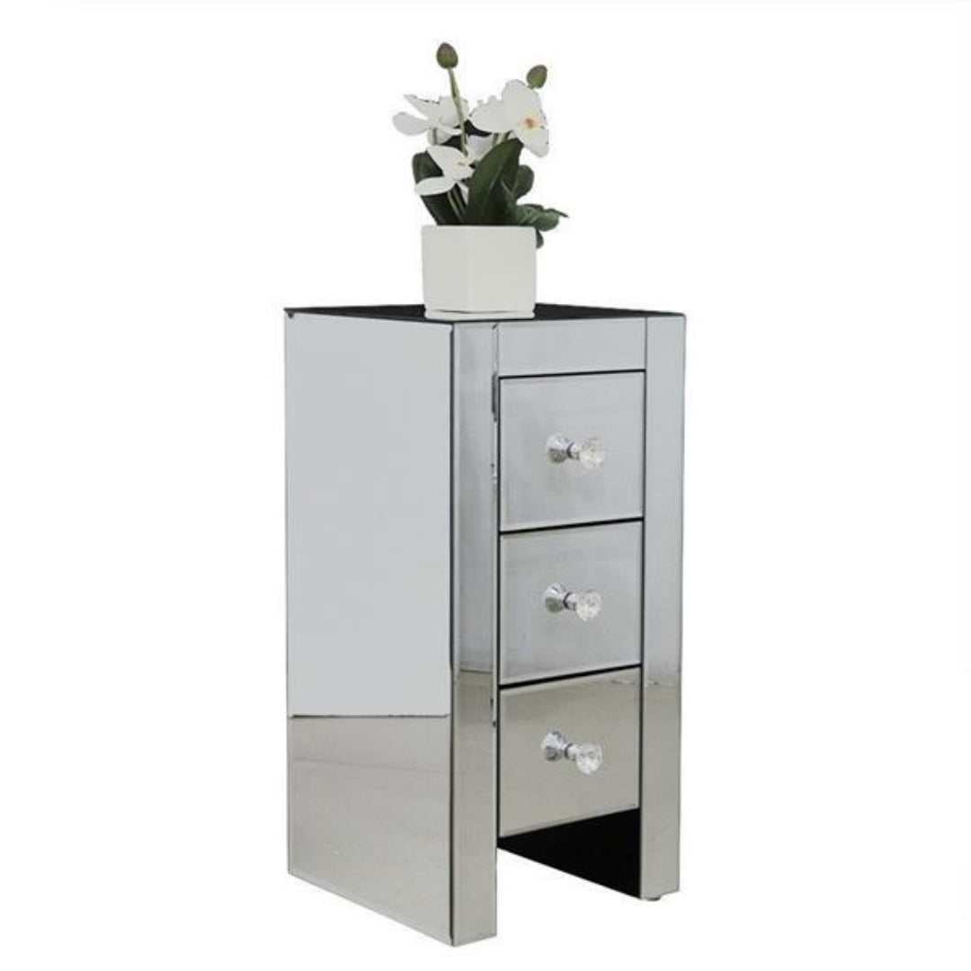 Mirrored Glass Bedside Table with 3 Drawers - Silver