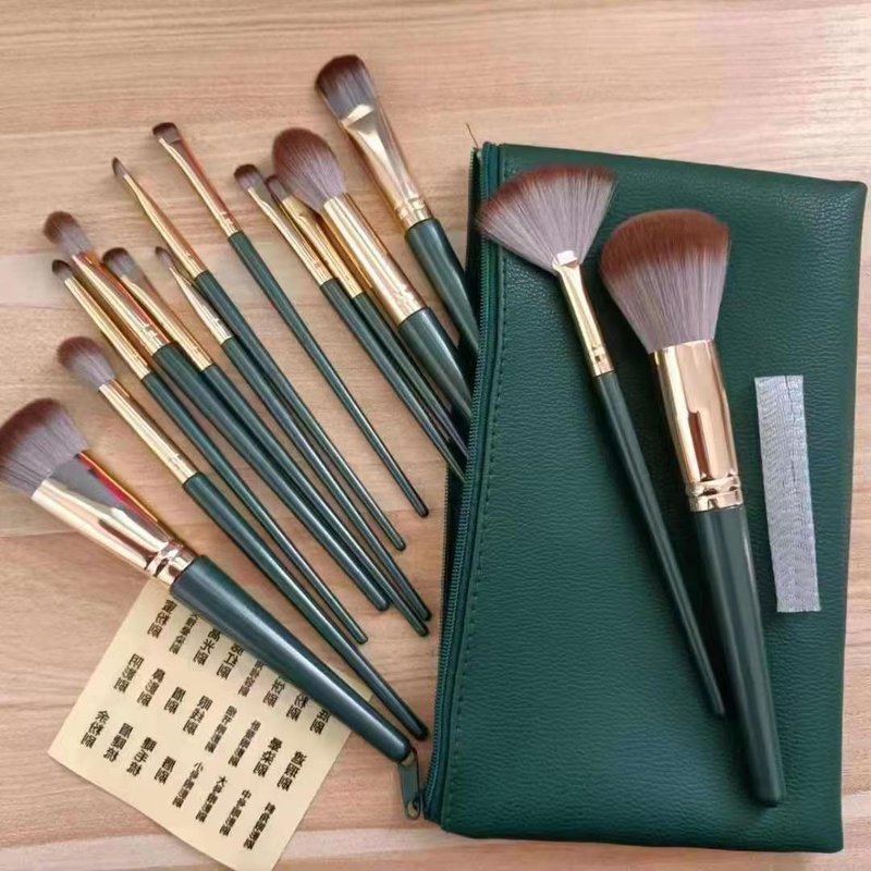 Green Cloud Makeup Brush Set - 14 Soft Cosmetic Brushes for Face & Eyes