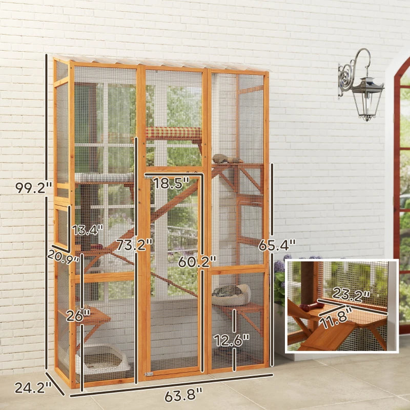 Large Wooden Outdoor Cat Enclosure with 6 Jumping Platforms & Scratching Post