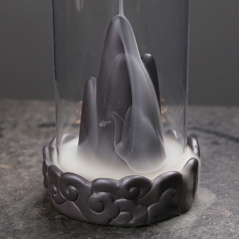 Backflow Incense Burner with Clouds Design - Gray Ceramic & Sand