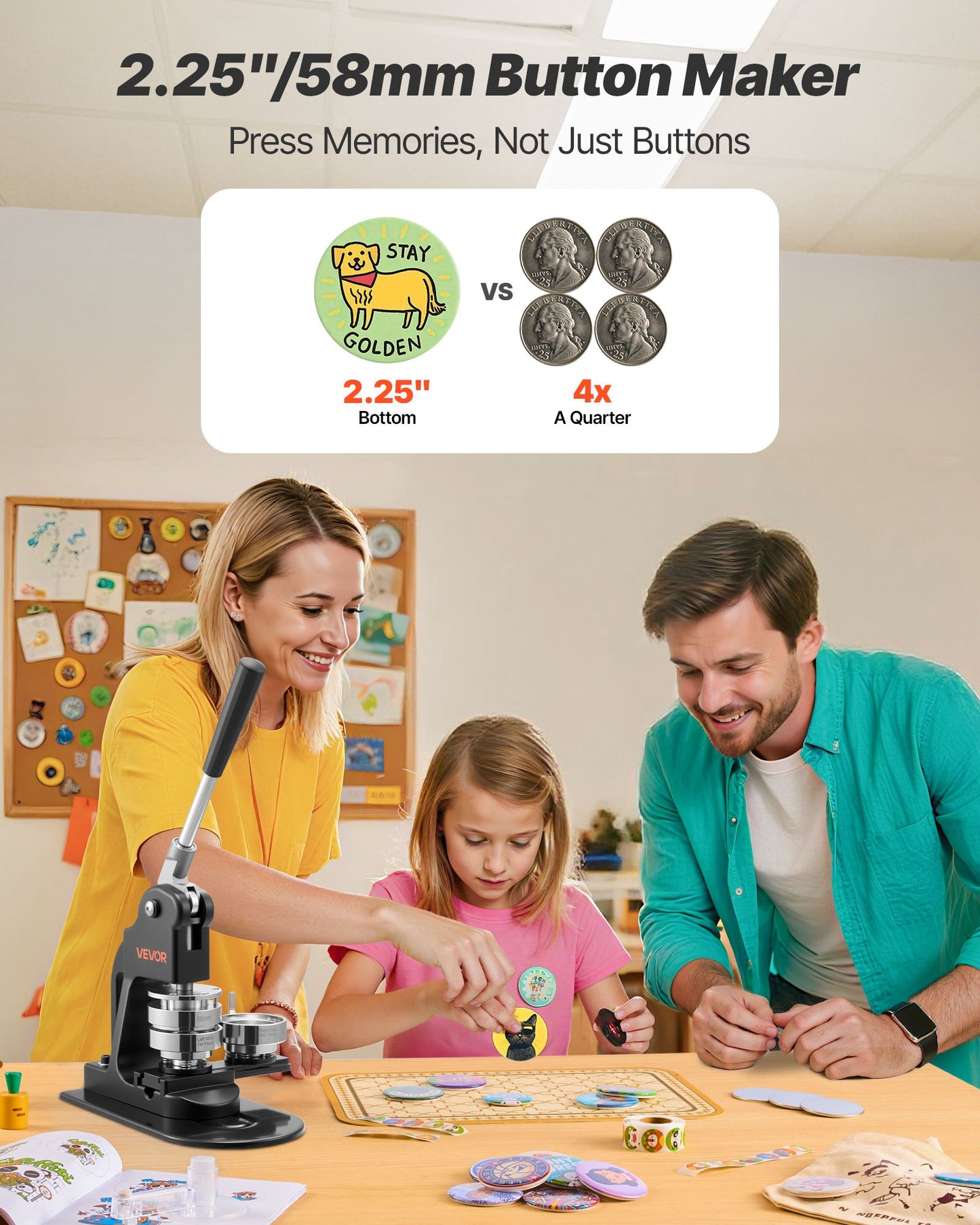Button Maker Machine 2.25 Inch Kit with 500 Button Parts, Circle Cutter & Ergonomic Handle