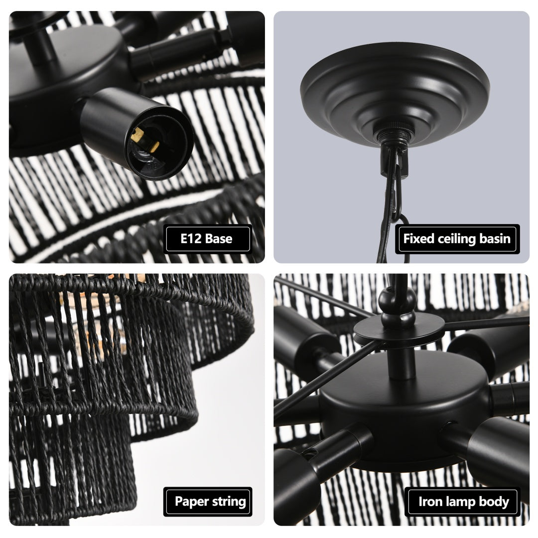 Rustic 5-Tier Black Hemp Rope Pendant Light Chandelier - 8 E12 Sockets
