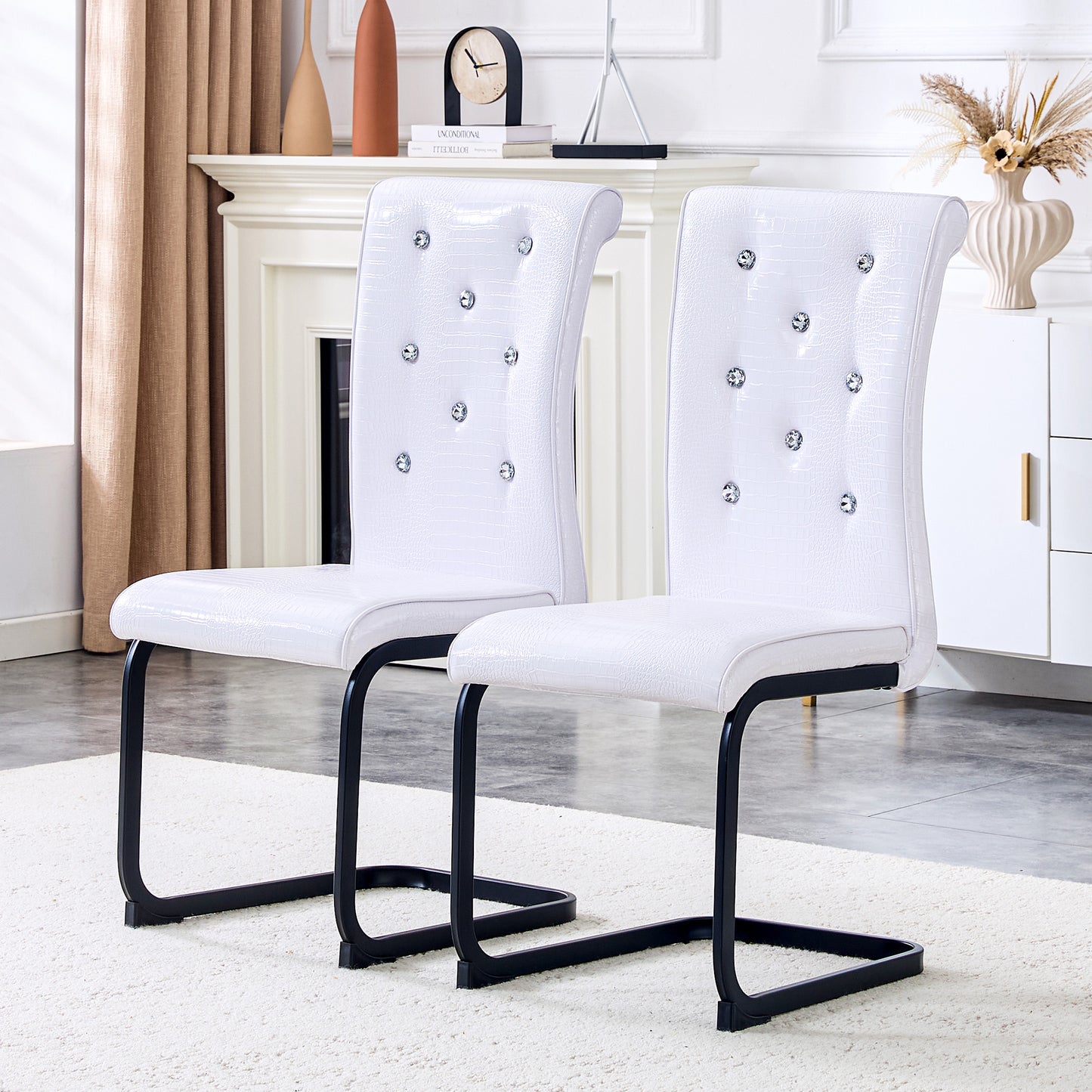 Set Of 4,Retro Alligator Skin Upholstered Dining Chairs,with Crystal