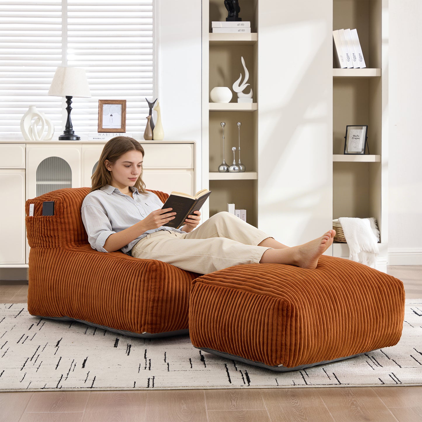 Large Memory Foam Bean Bag Chair for Adults - Orange Corduroy