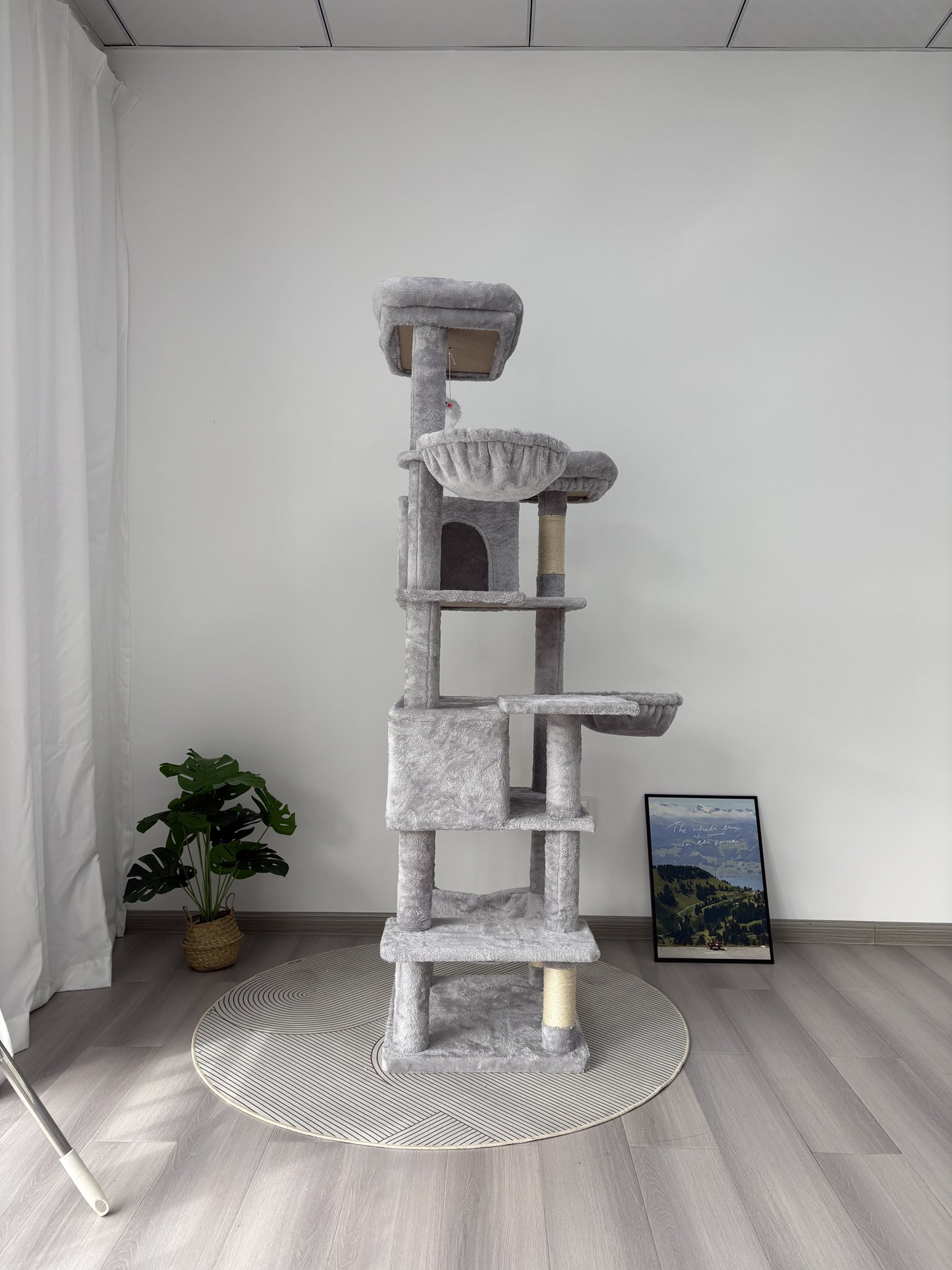 68-Inch Multi-Level Cat Tree with Hammocks and Scratching Posts - Light Gray