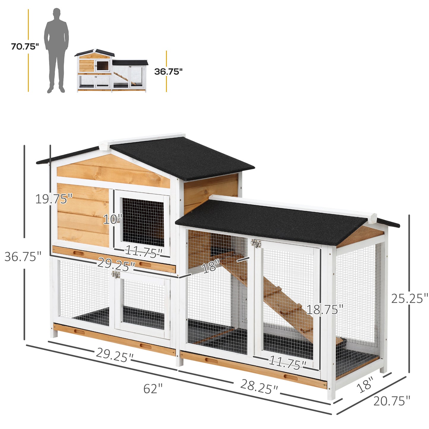 Wooden Rabbit Hutch 2-Story Small Animal House with Ramp, Weatherproof