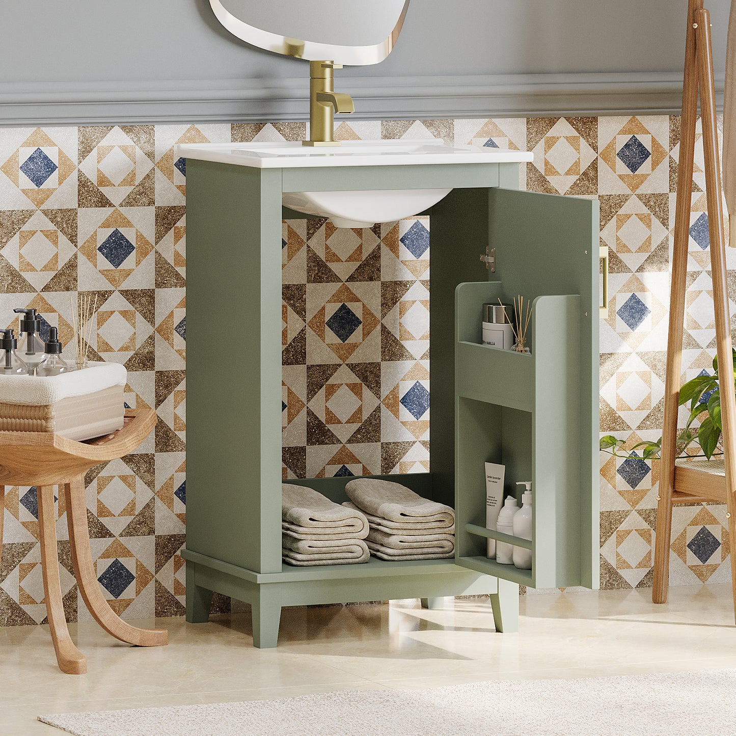 20 Inch Modern Green Bathroom Vanity Cabinet with Ceramic Basin