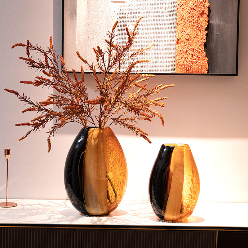 Black Orange Striped Glass Vase - Modern Decorative Home Centerpiece