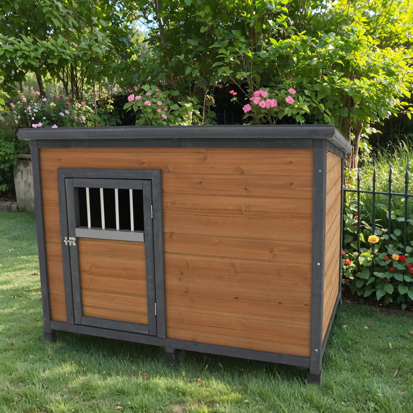 Large Solid Wood Dog House with Waterproof PVC Roof & Breathable Wooden Doors - Gray+Yellow