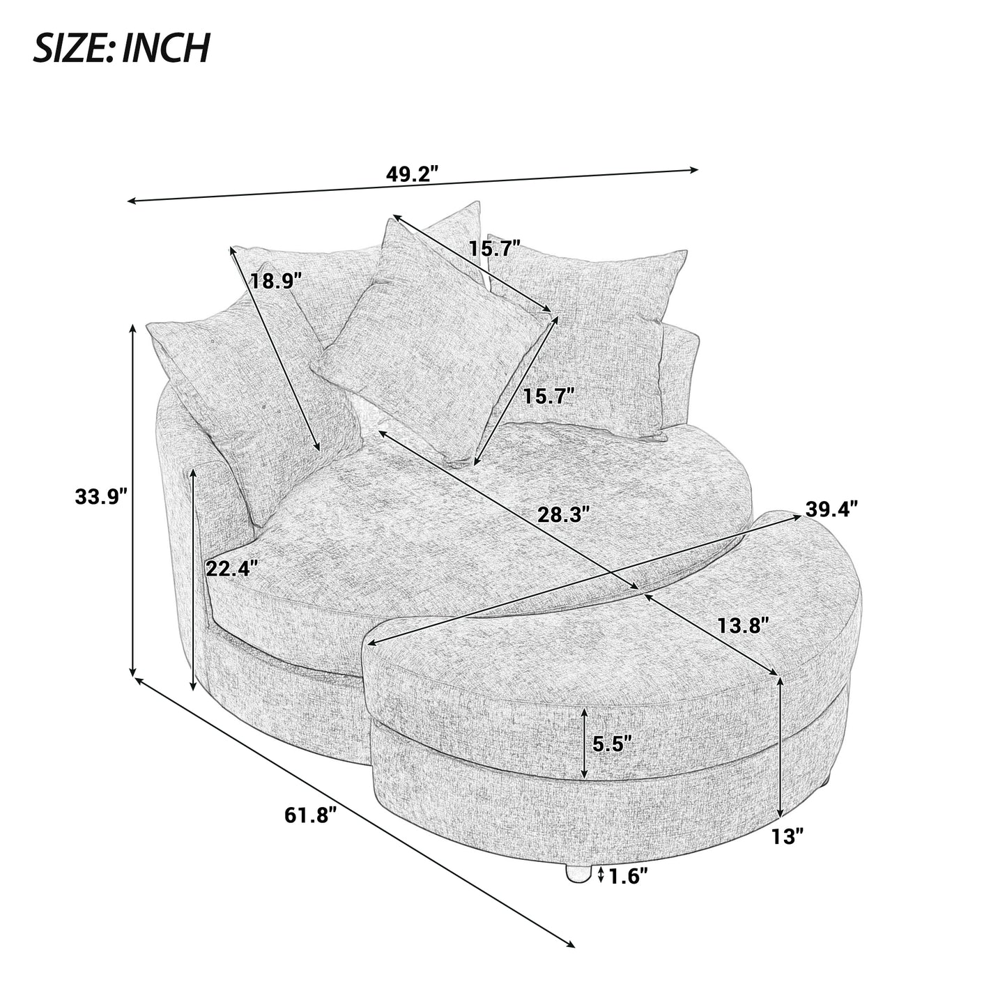 360° Swivel Accent Barrel Chair with Storage Ottoman & 4 Pillows - Gray