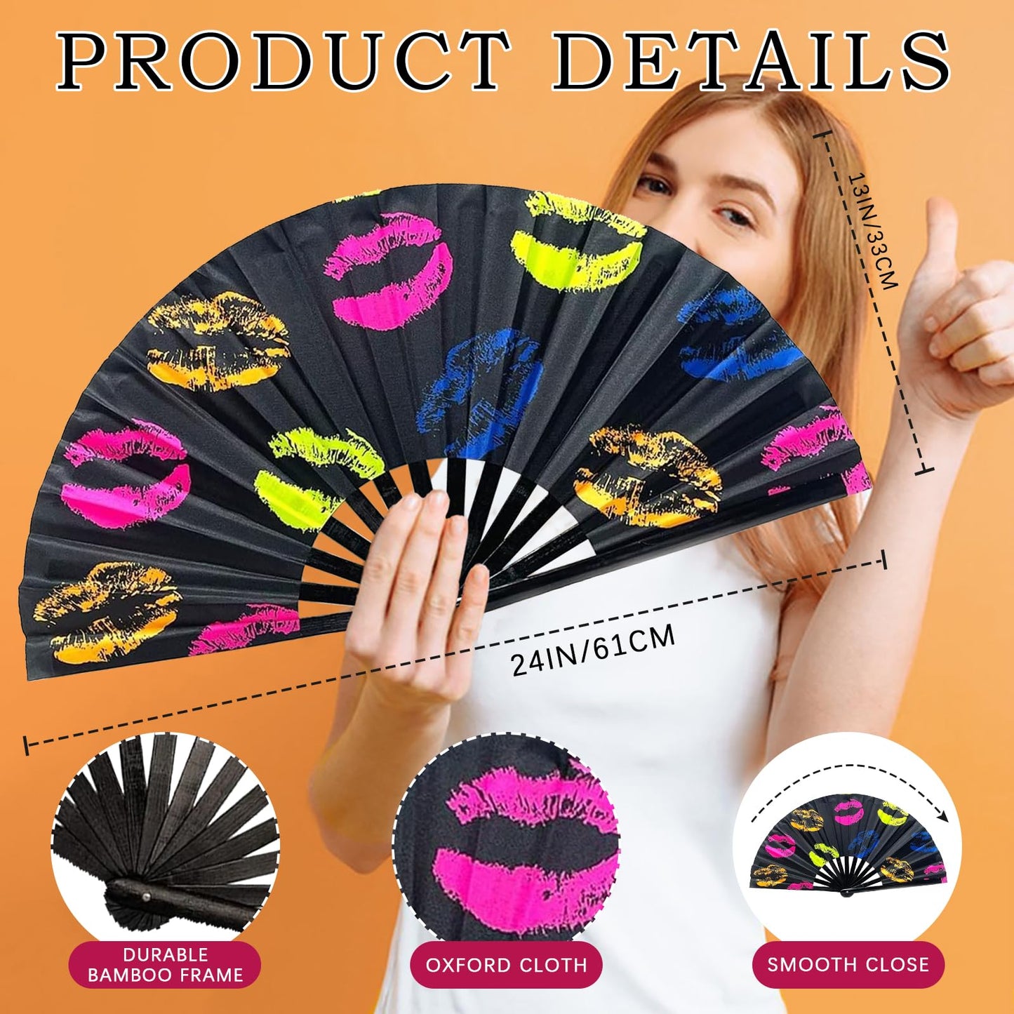 Large UV Glow Folding Fan - Bamboo Hand Fan for Parties