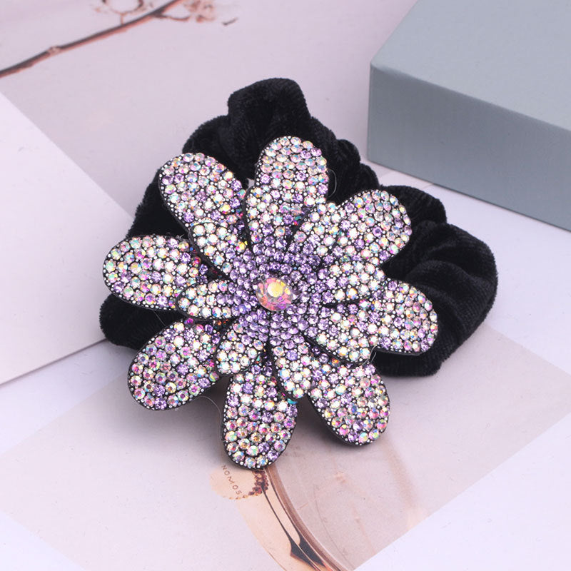 Ethnic Fabric Flower Hair Ring with Rhinestones