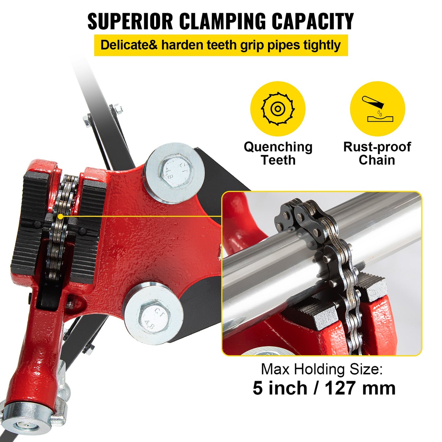 Tripod Pipe Chain Vise - Adjustable Pipe Support with Folding Steel Legs, 1/8-5 Inches Capacity