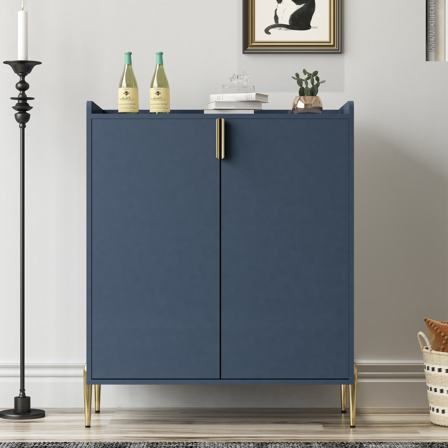 2 Doors Home Wine Bar Cabinet With Rack & Adjustable Storage Shelf,